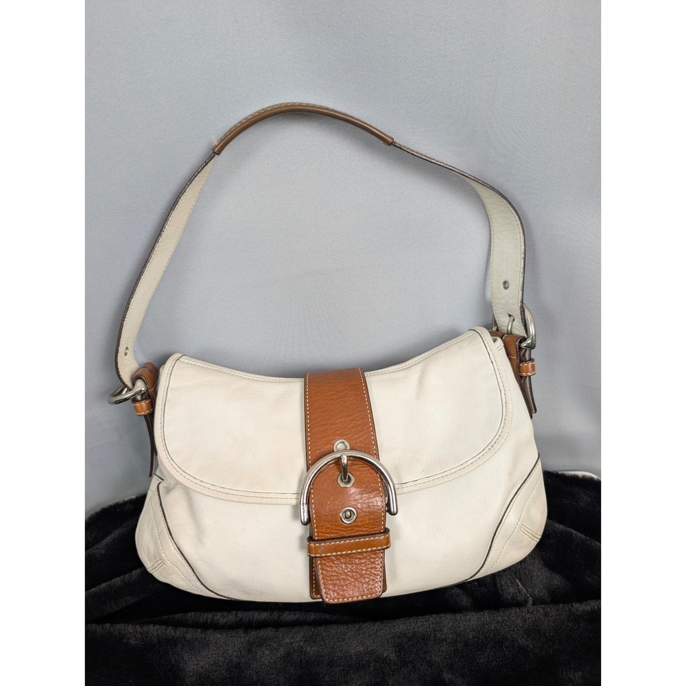 Coach Soho Flap Shoulder Bag Vtg Medium White Tan Leather Buckle Flap 9248 - Picture 2 of 16